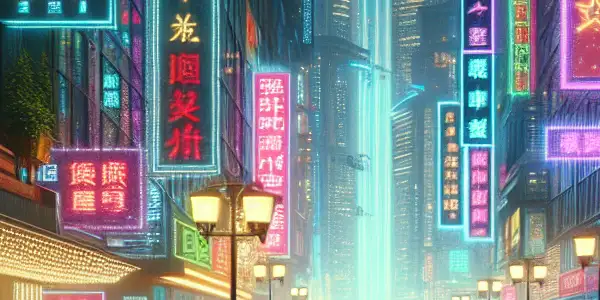 Vibrant cityscape at night with neon-lit theaters, bustling pedestrians, and fictional movie posters, capturing nightlife excitement.