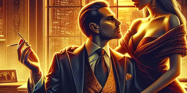 A tense power struggle between a confident figure and a seductive character in a sophisticated office at dusk.