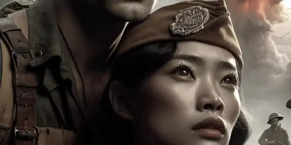 A passionate encounter between a female resistance fighter and a male soldier amidst a war-torn landscape during the Second Sino-Japanese War.