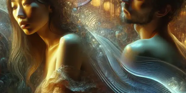 A couple in an intimate room engages in a deep conversation, reflecting desire and vulnerability amidst emotional symbolism.