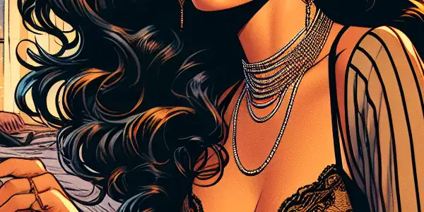 A young woman in elegant attire exudes romance and passion in an intimate, cozy setting.