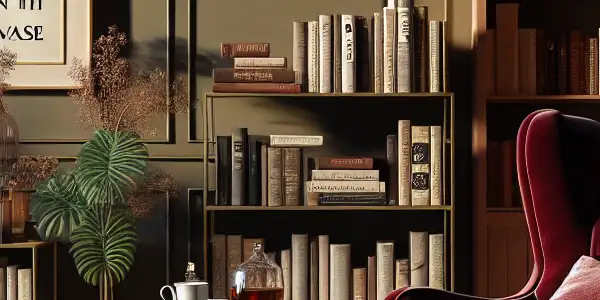 A cozy reading nook featuring a plush armchair, erotic novels, warm lighting, and a vintage lamp.