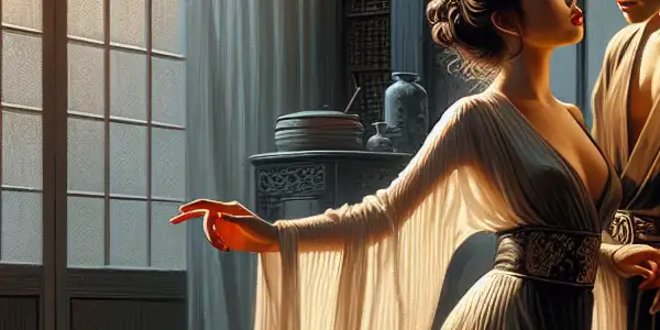 A passionate couple shares an intimate gaze in an elegantly styled Japanese-inspired setting.