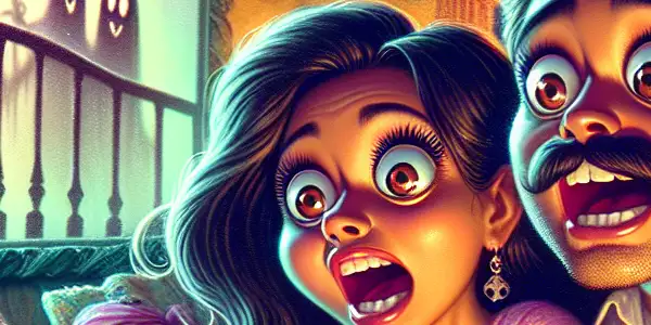 A couple reacts comically in their cozy living room while watching a surprising adult film with horror elements.