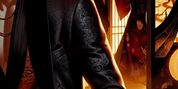 A charismatic figure in a provocative outfit surrounded by intimate, suggestive elements in a softly lit Japanese-inspired room.