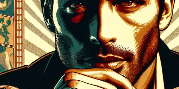 A charismatic Italian man in a vintage setting, surrounded by film reels, exuding allure and sophistication.