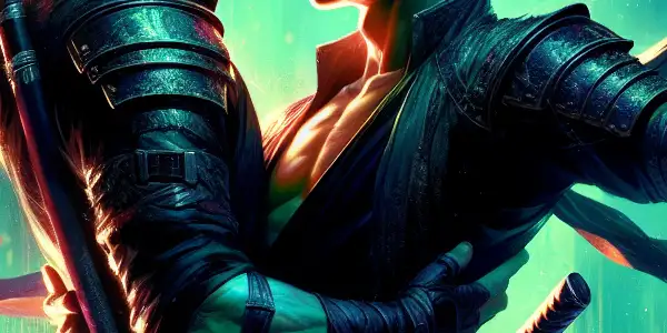 Two anime-style ninjas embrace passionately in a mystical forest filled with glowing cherry blossoms and shimmering streams.