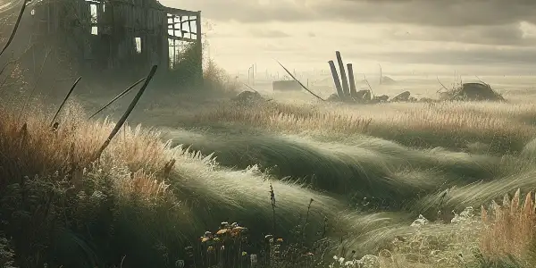 An abandoned landscape with overgrown grass, a dilapidated factory, and wildflowers, evoking melancholy and resilience.