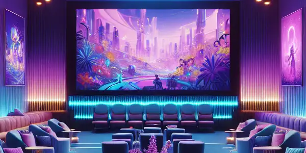 Futuristic anime-themed adult cinema with plush seating, neon lights, and vibrant abstract animations on large screens.