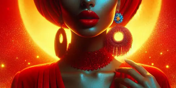 A central character in bold red attire, surrounded by blue and yellow elements, evokes passion and intrigue.