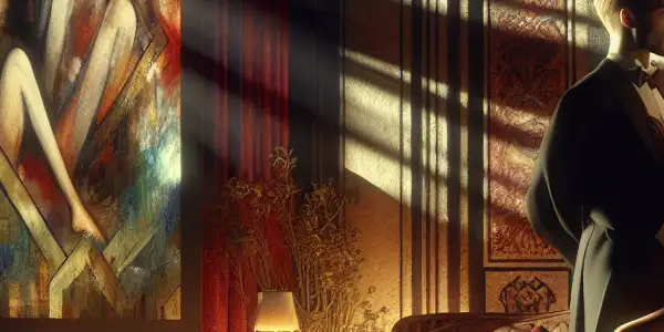 A dimly lit luxurious room with a passionate couple and abstract erotic visuals on a screen.