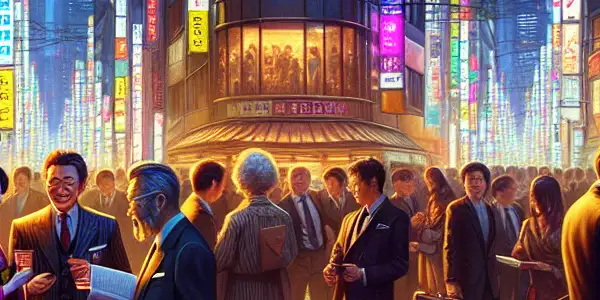 A vibrant Tokyo street scene showcasing Japan's adult film industry, featuring billboards, diverse characters, and a lively atmosphere.