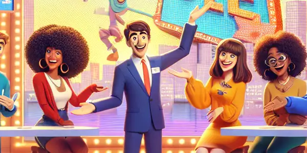 A lively television studio featuring diverse hosts engaging in playful, humorous interactions with whimsical set designs.