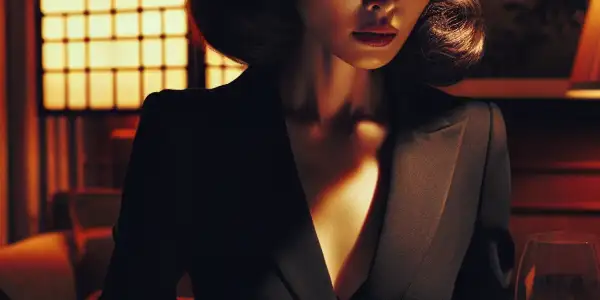 A mysterious female spy in a dimly lit hotel room, engaged in a clandestine meeting with classified documents.