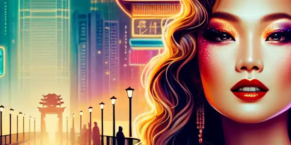 A glamorous Asian woman in an elegant dress, set against Hong Kong's vibrant nightlife and neon-lit streets.