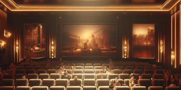 A modern Hong Kong adult cinema interior with plush seating, ambient lighting, and diverse patrons engaged in conversation.
