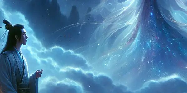 A serene night sky with Niulang longing for Zhinu, symbolizing tragic romance and eternal separation under the stars.