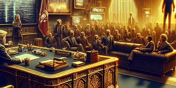 A dramatic scene of a conflicted politician in a luxurious room, juxtaposed with an empowered adult film star amidst scandal.