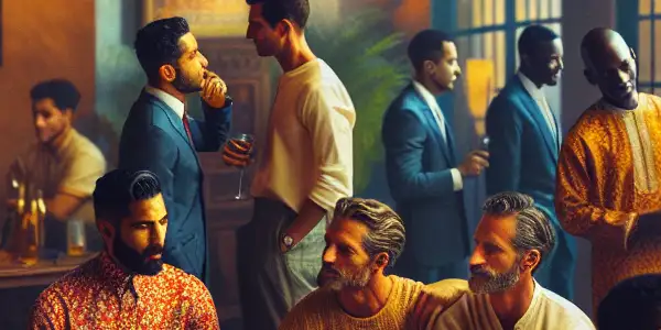 A vibrant gathering of diverse men in a sensually charged atmosphere, expressing intimacy and camaraderie.